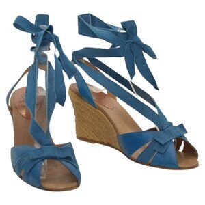 Christian Louboutin Blue Leather Fabric Ankle Tie Up Espadrille Wedge Sandals 9